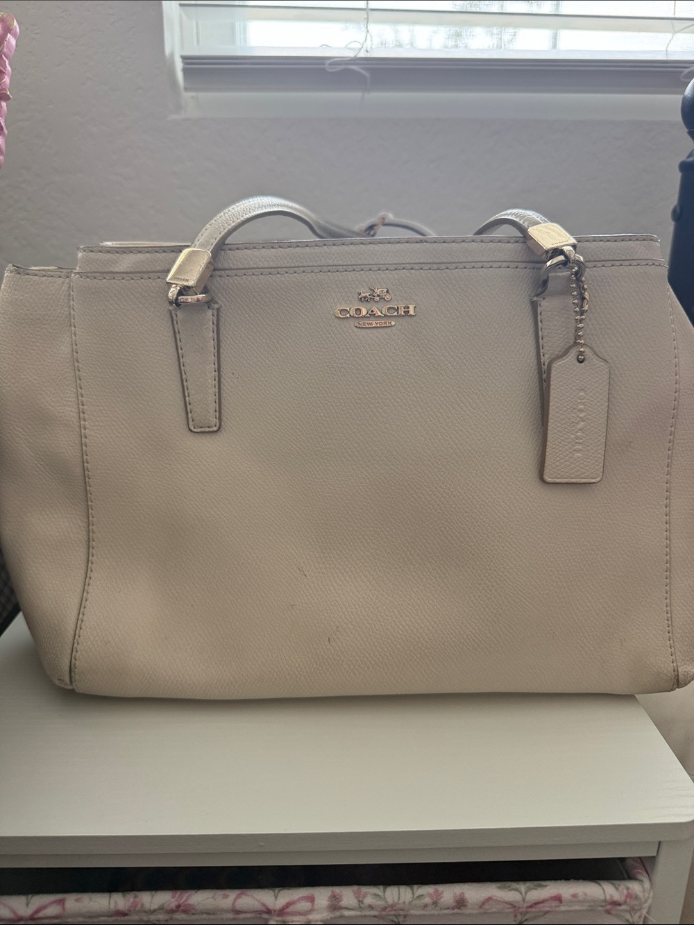 Coach Pebbled Leather Satchel in Light Beige with Gold Hardware